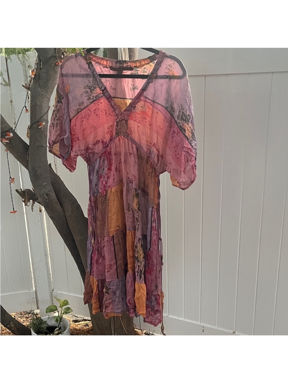 A common thread unique Boho Patchwork silk Midi Dress in Pink & Orange 🍊